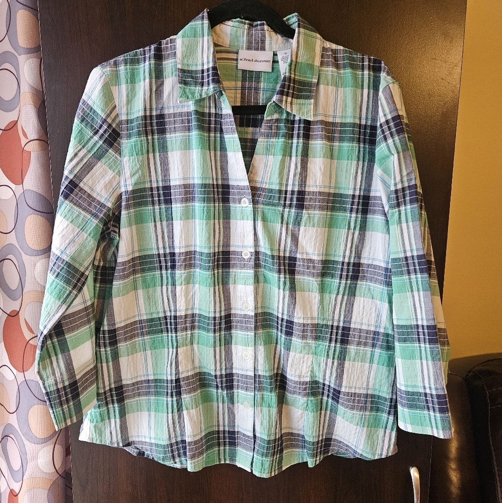 Alfred Dunner Teal Green Plaid Button-Up Shirt Size 12